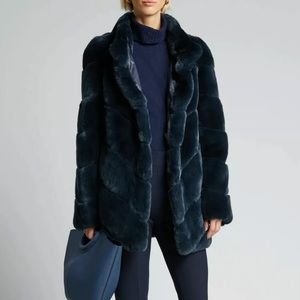 YVES SALOMON Sapphire Blue Fur Chevron Coat BNWT